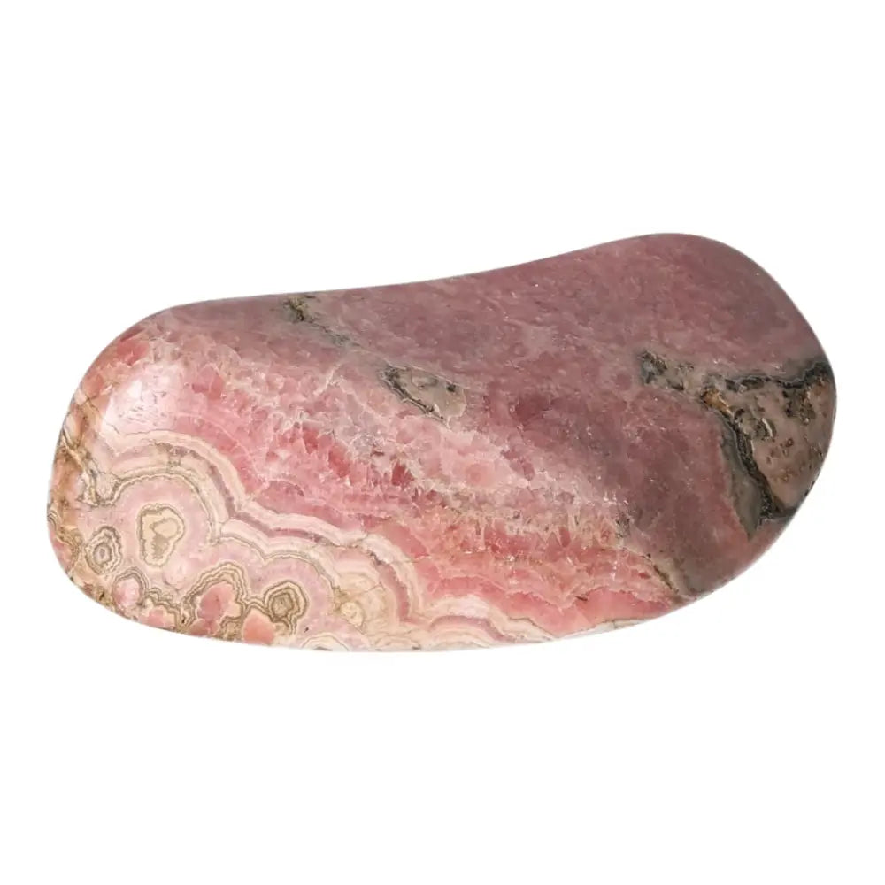 Polished Rhodochrosite gemstone with vivid pink hues, showcasing its natural patterns; premium quality by Sylvia Crystals.