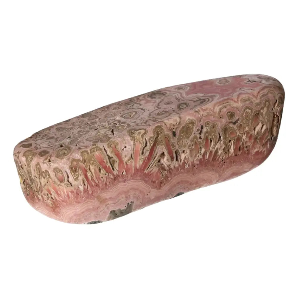 Polished Rhodochrosite gemstone with striking pink hues and intricate banding, ideal for emotional healing and self-love from Sylvia Crystals.