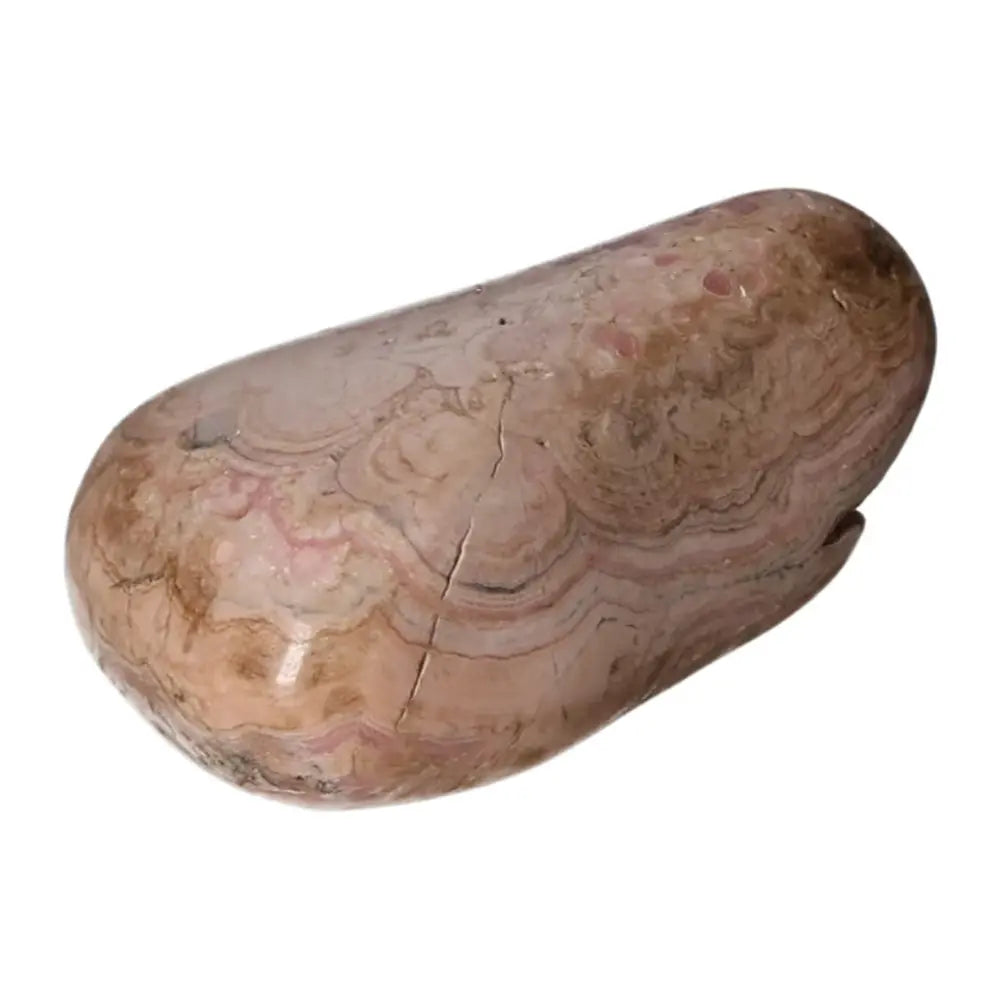 Polished Rhodochrosite gemstone with pink hues and banding, symbolizing luxury and emotional healing, from Sylvia Crystals.