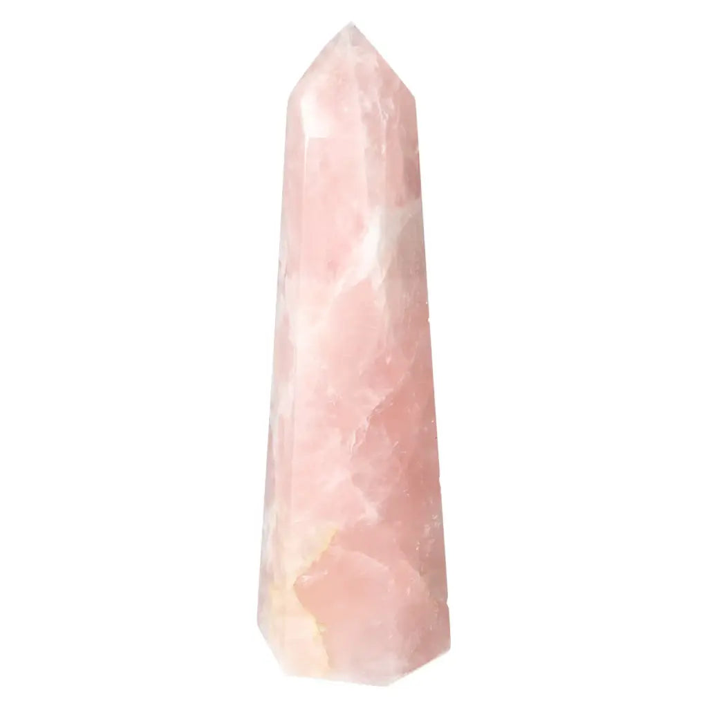 Polished Rose Quartz Obelisk by Sylvia Crystals showcasing elegant design and spiritual essence in premium pink quartz.