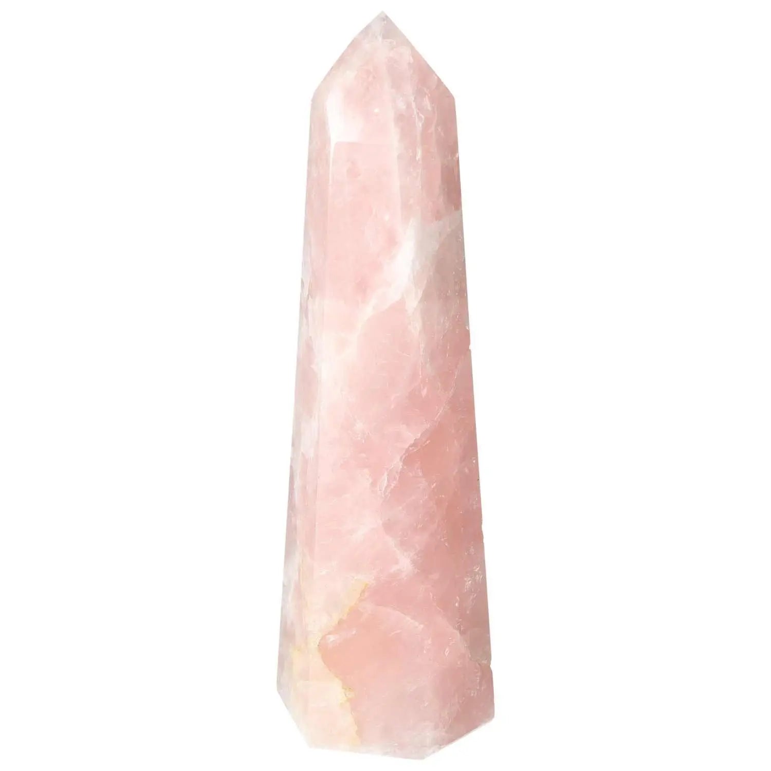 Polished rose quartz obelisk from Sylvia Crystals, showcasing high-quality craftsmanship and elegance in pink quartz stone.