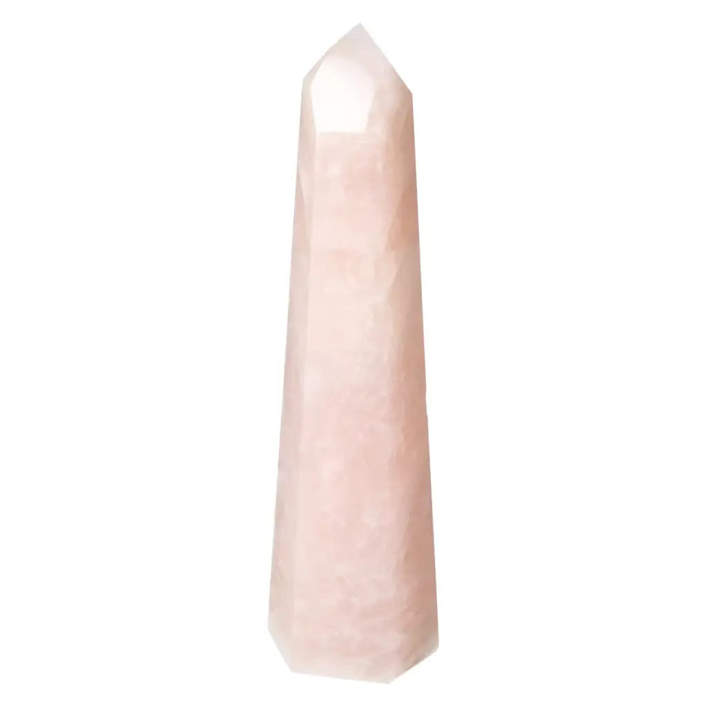 Polished Rose Quartz Obelisk with smooth surface, radiating pink hue, symbolizing love and tranquility by Sylvia Crystals.