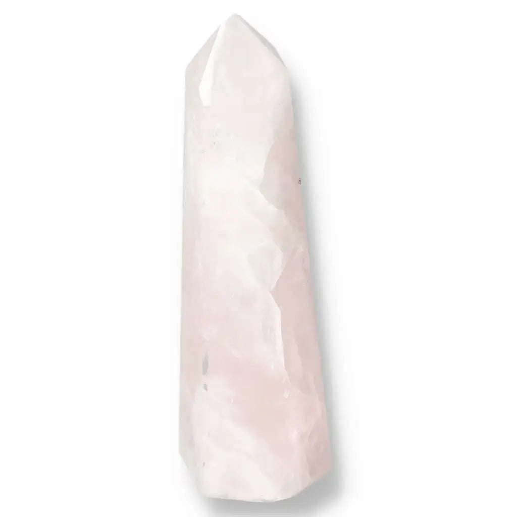 Polished Rose Quartz Obelisk from Sylvia Crystals, showcasing gentle pink hues for luxury and harmonious energy.