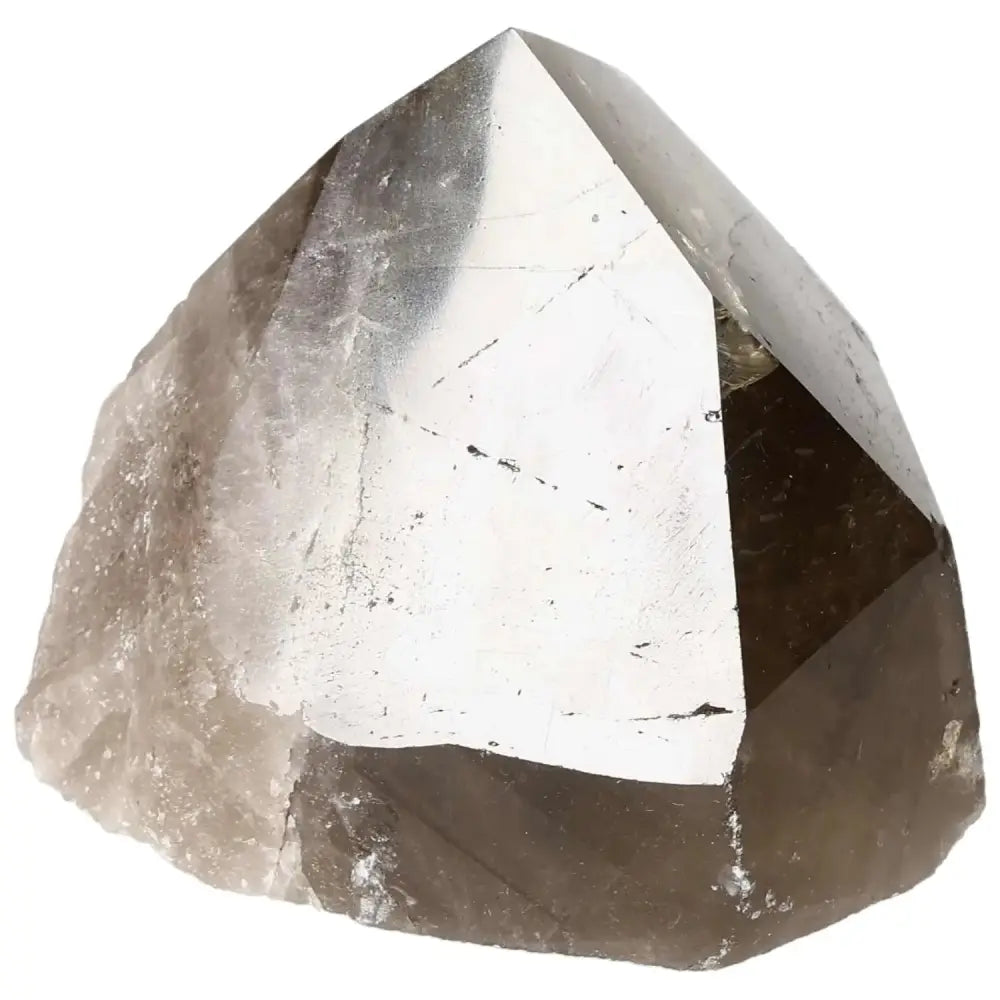 Polished Smoky Quartz Point by Sylvia Crystals with grounding energy and protective healing properties.