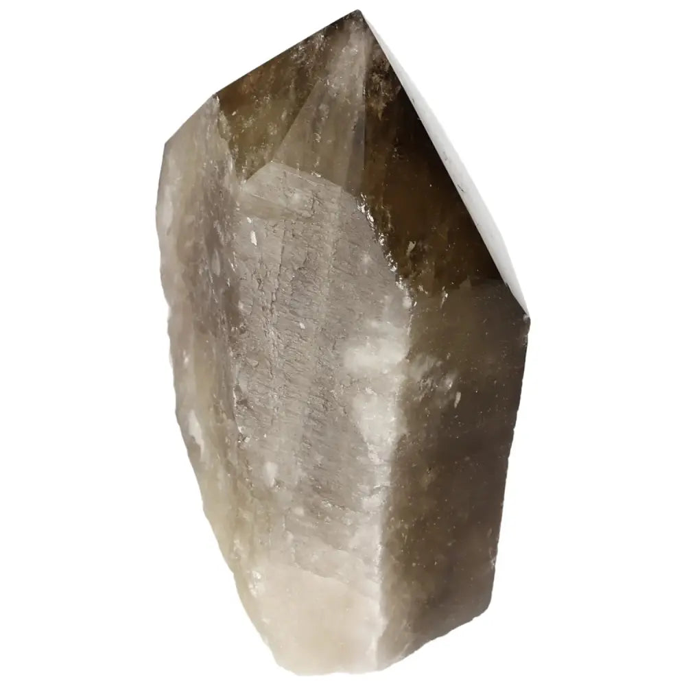 Polished Smoky Quartz Point with grounding energy and protective properties from Sylvia Crystals, featuring a lustrous finish.
