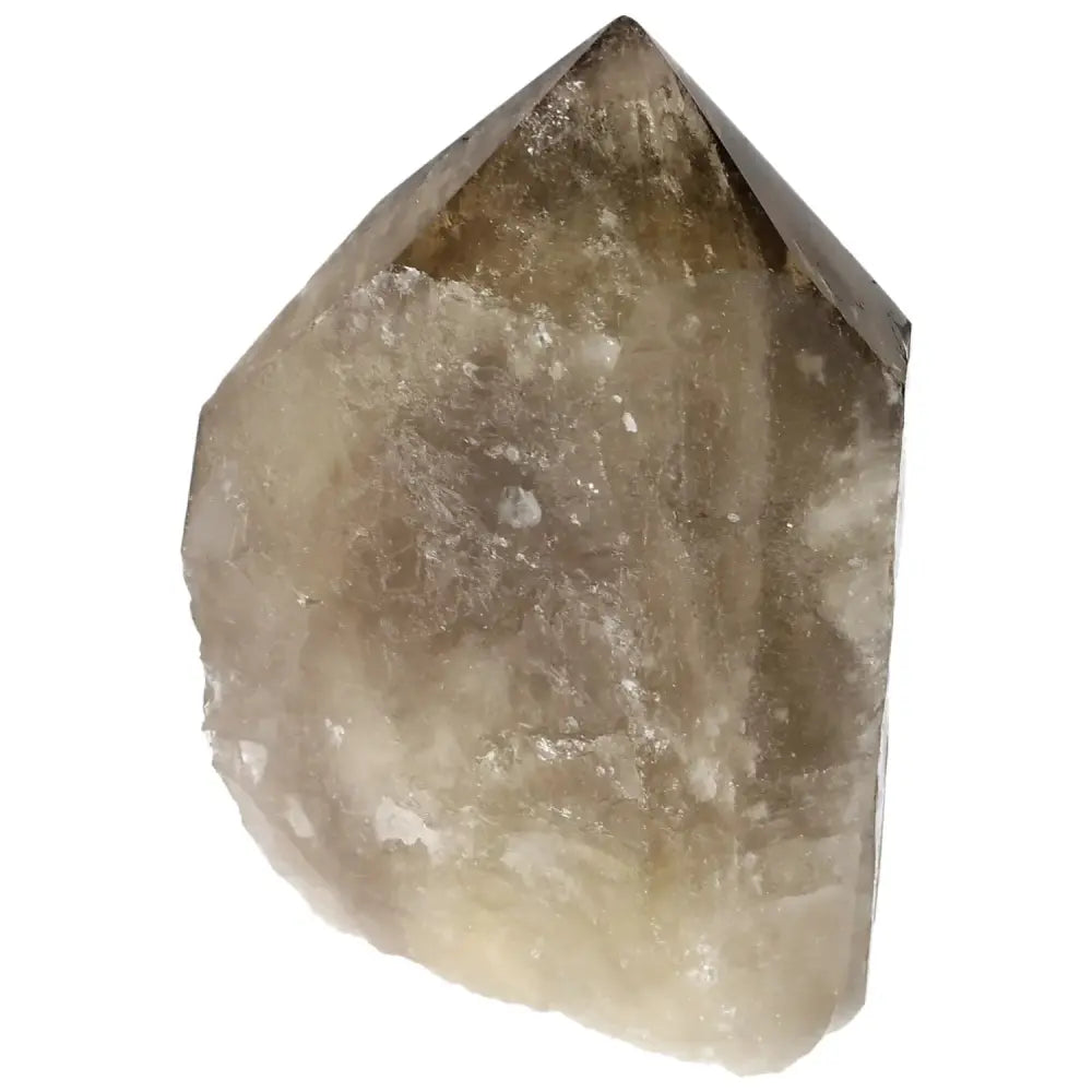 Polished Smoky Quartz Point crystal from Sylvia Crystals, known for grounding and protective healing energy, with a polished finish.