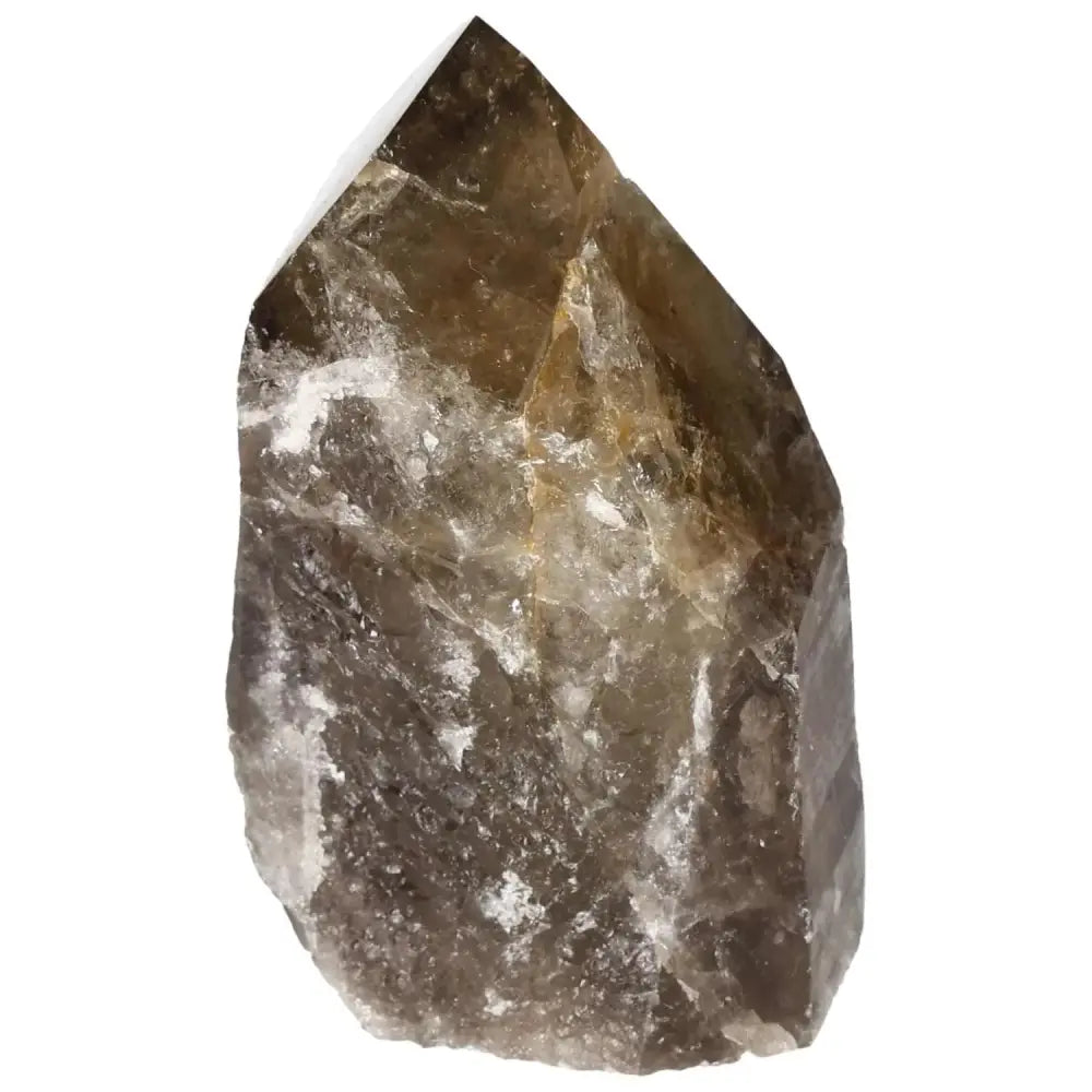 Polished smoky quartz point with smooth finish from Sylvia Crystals, ideal for grounding energy and protection.