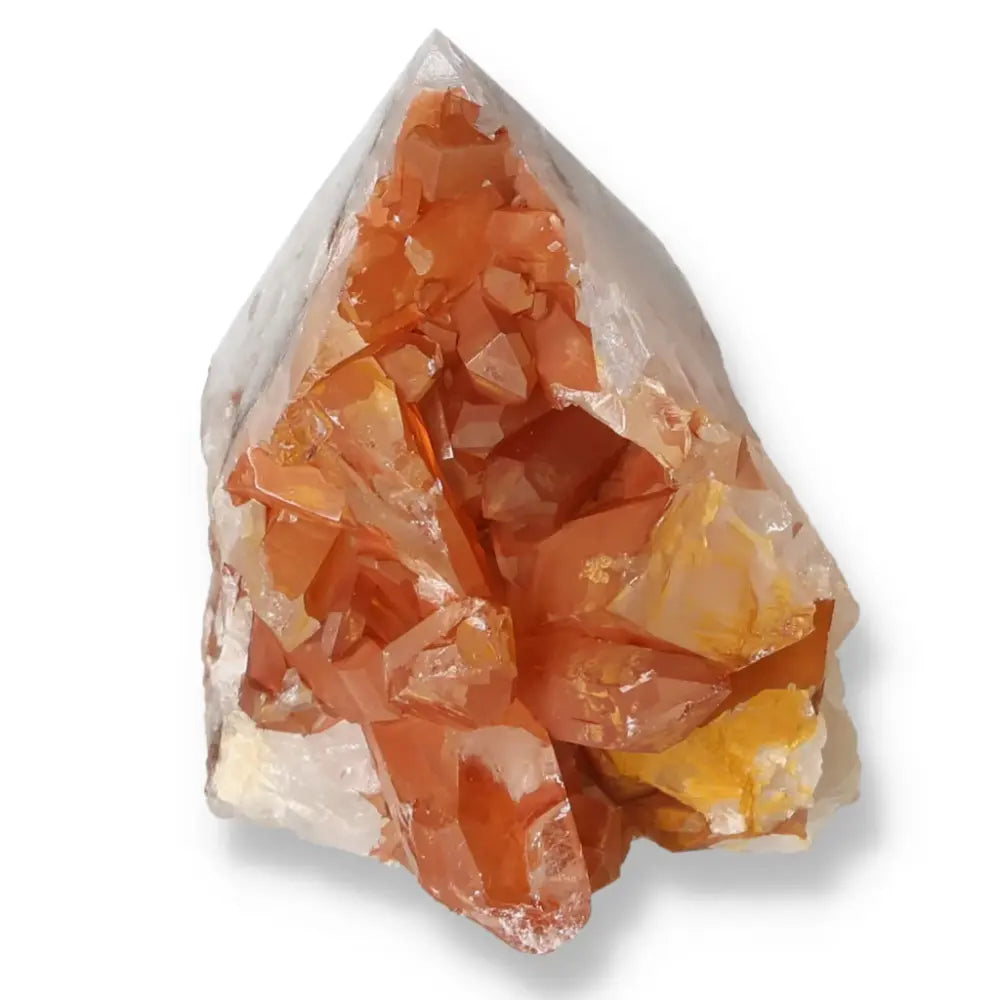 Polished Tangerine Quartz Point with vibrant hues by Sylvia Crystals, showcasing luxury and unique properties for collectors.