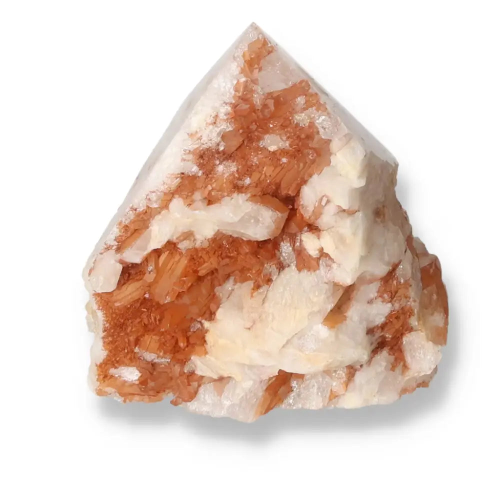 Polished Tangerine Quartz Point by Sylvia Crystals, showcasing vibrant hues and natural elegance, a premium gem for conscious living.