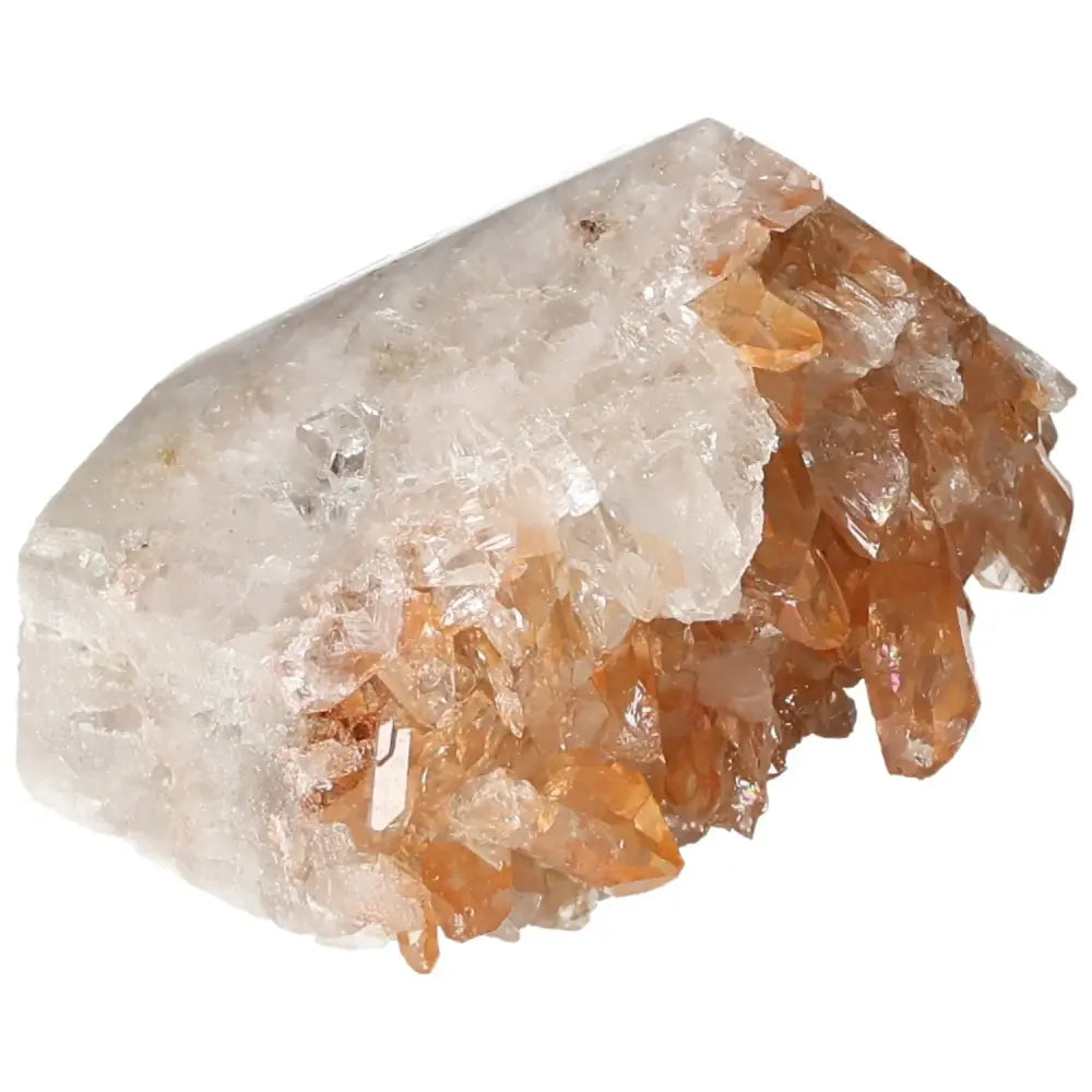 Polished Tangerine Quartz Point with vibrant hues from Sylvia Crystals, symbolizing energy and transformation, enriched with iron inclusions.