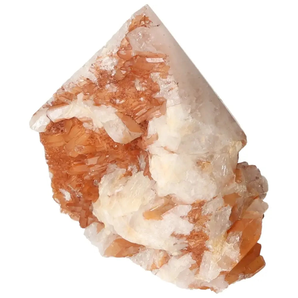 Polished Tangerine Quartz Point by Sylvia Crystals with vibrant hues and elegant finish for luxury and conscious living.