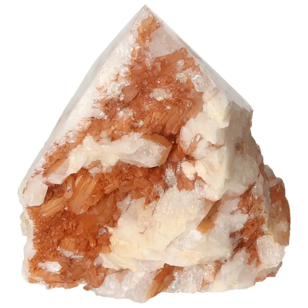 Polished Tangerine Quartz Point by Sylvia Crystals with vibrant hues, showcasing luxury and quality in a stunning stone.
