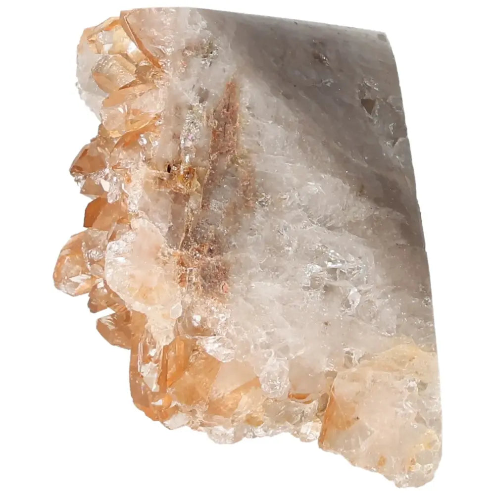 Alt Tag: Polished Tangerine Quartz Point with iron inclusions, radiating warm, vibrant glow, from Sylvia Crystals Collection.