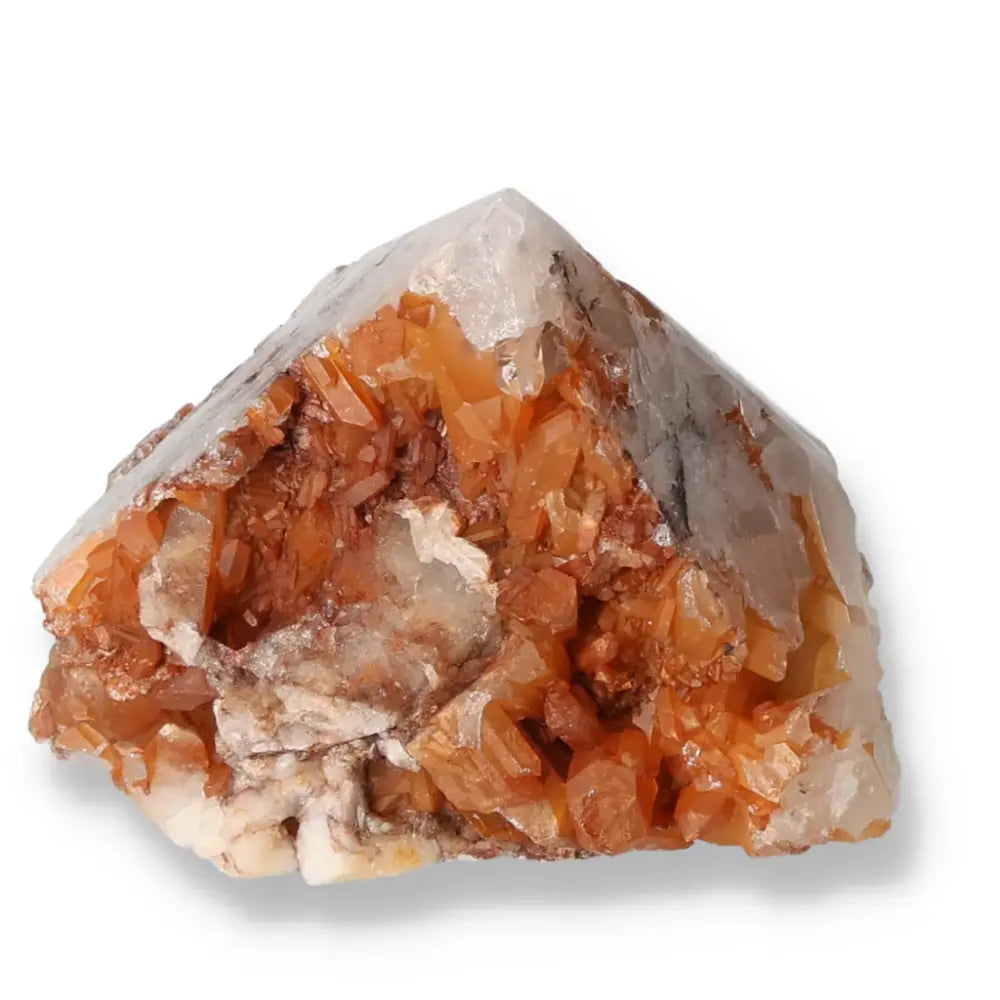 Polished Tangerine Quartz Point from Sylvia Crystals with vibrant orange hues, perfect for home decor enhancements.