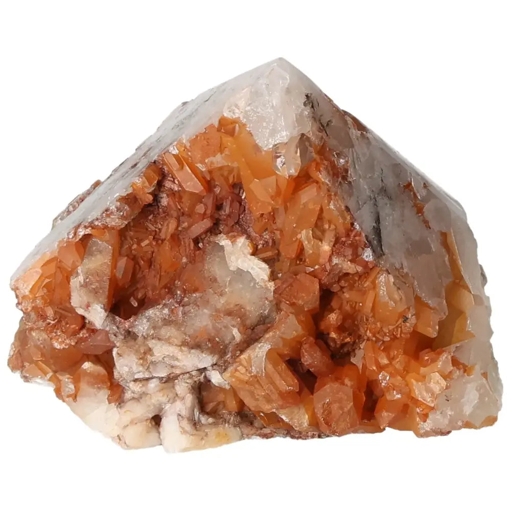 Polished Tangerine Quartz Point from Sylvia Crystals, showcasing vibrant orange hues and natural iron inclusions for a revitalizing aura.
