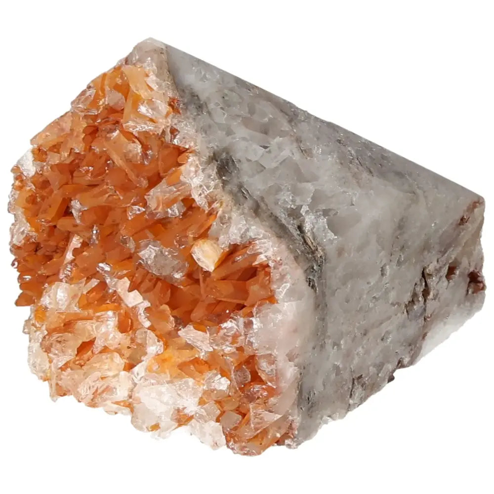 Polished Tangerine Quartz Point with vibrant orange crystals, Sylvia Crystals gemstone, iron oxide coating for aesthetic and spiritual appeal