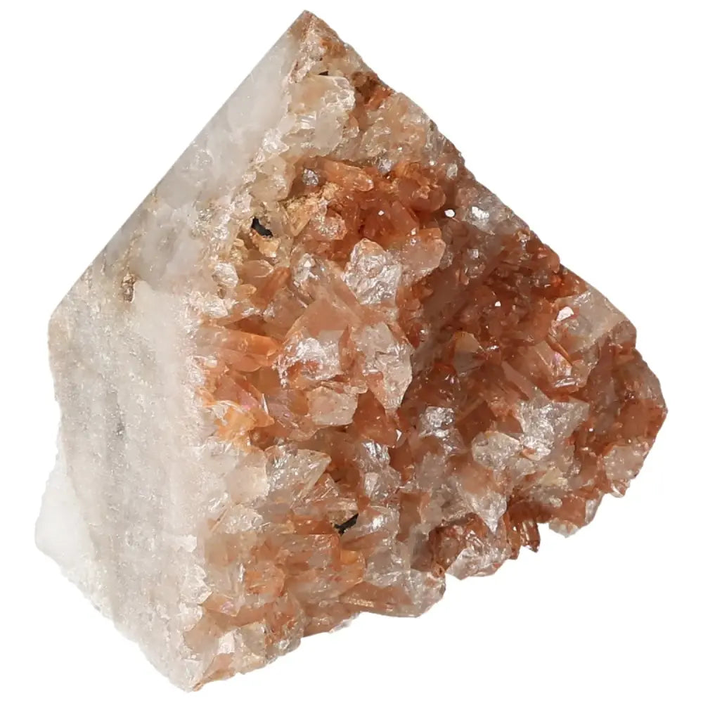 Vibrant polished tangerine quartz point from Sylvia Crystals showcasing its mesmerizing hue and flawless finish.