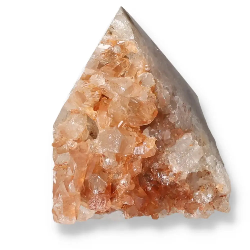 Polished Tangerine Quartz Point crystal gemstone with vibrant orange hues from Sylvia Crystals, perfect for home decor and energy enhancement.