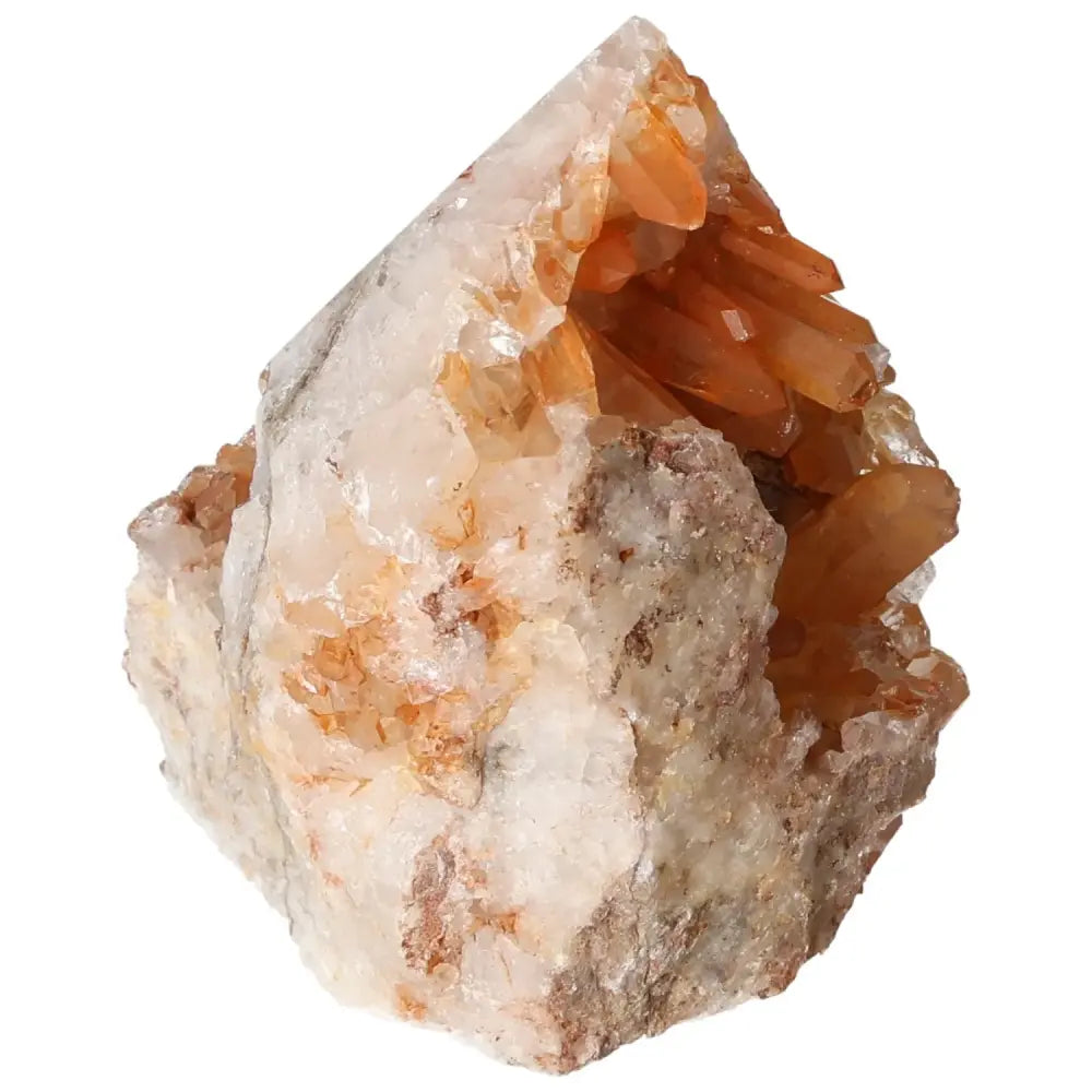 Polished Tangerine Quartz Point by Sylvia Crystals with shimmering orange hues and a lustrous surface, reflecting elegance and luxury.