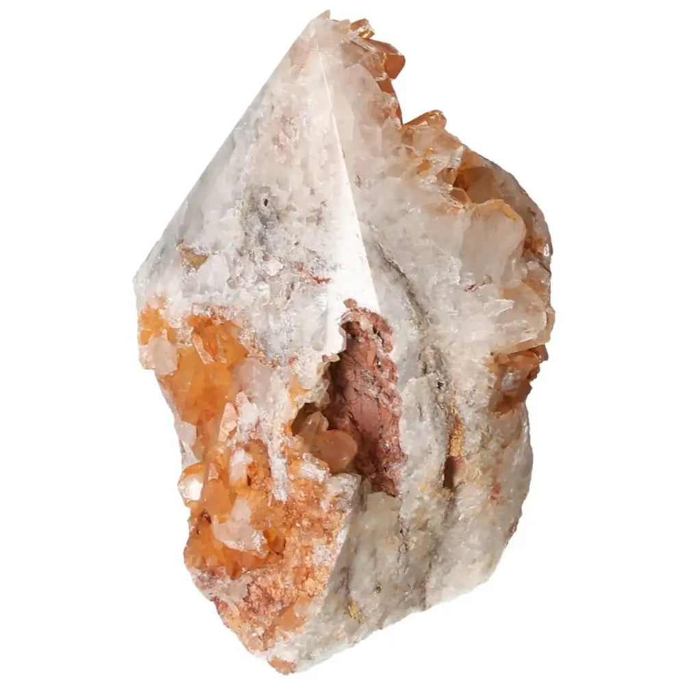 Polished Tangerine Quartz Point from Sylvia Crystals, showcasing a lustrous, premium handpicked crystal with a vibrant tangerine hue.
