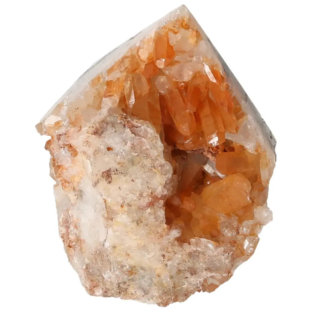 Polished Tangerine Quartz Point crystal with vibrant orange hues from Sylvia Crystals, showcasing luxury and elegance.
