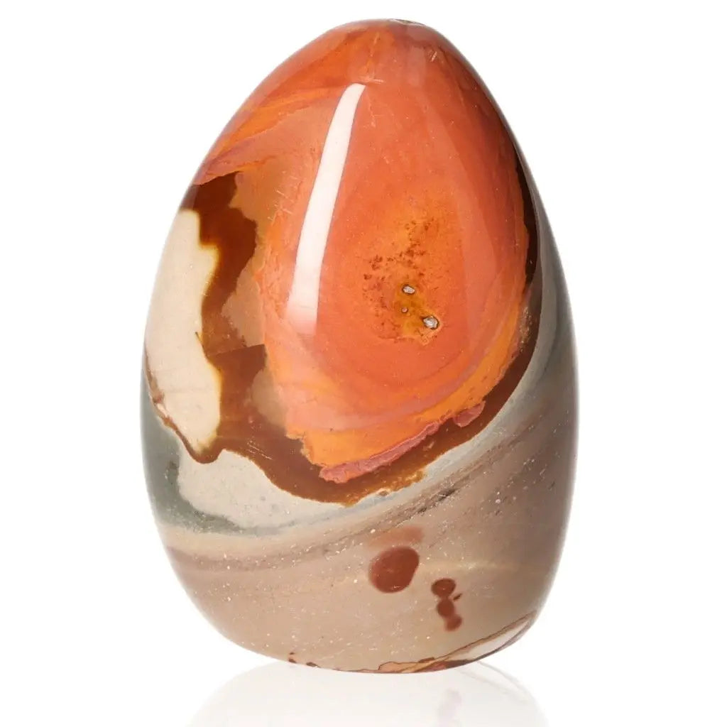 Polychrome Jasper Free Form stone with vibrant red, orange, and brown swirls, showcasing nature's colorful artistry.