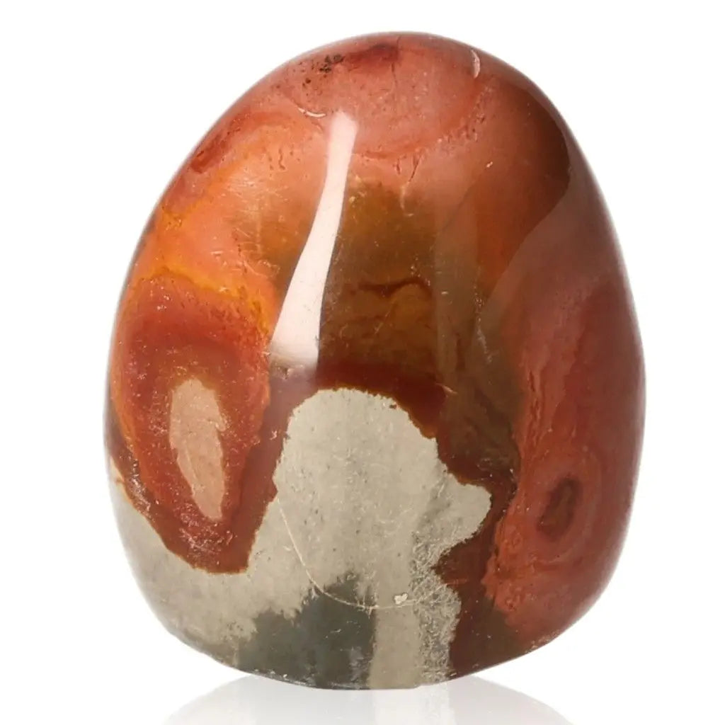 Polychrome Jasper Free Form stone with vibrant red, orange, and brown hues, showcasing a unique, natural pattern.