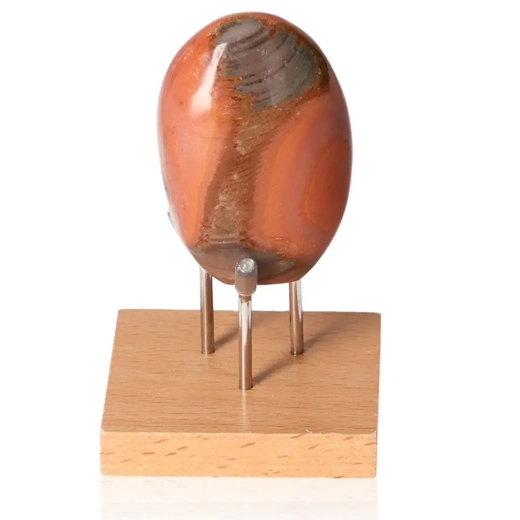 Polychrome Jasper Free Form stone on a wooden stand, showcasing its vivid colors and natural patterns. Ideal for decor or crystal collection.