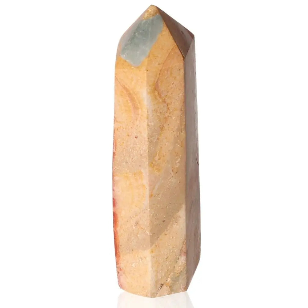 Polychrome Jasper Tower crystal with vibrant reds, oranges, browns, greens, and yellows, known for its grounding and energizing properties.