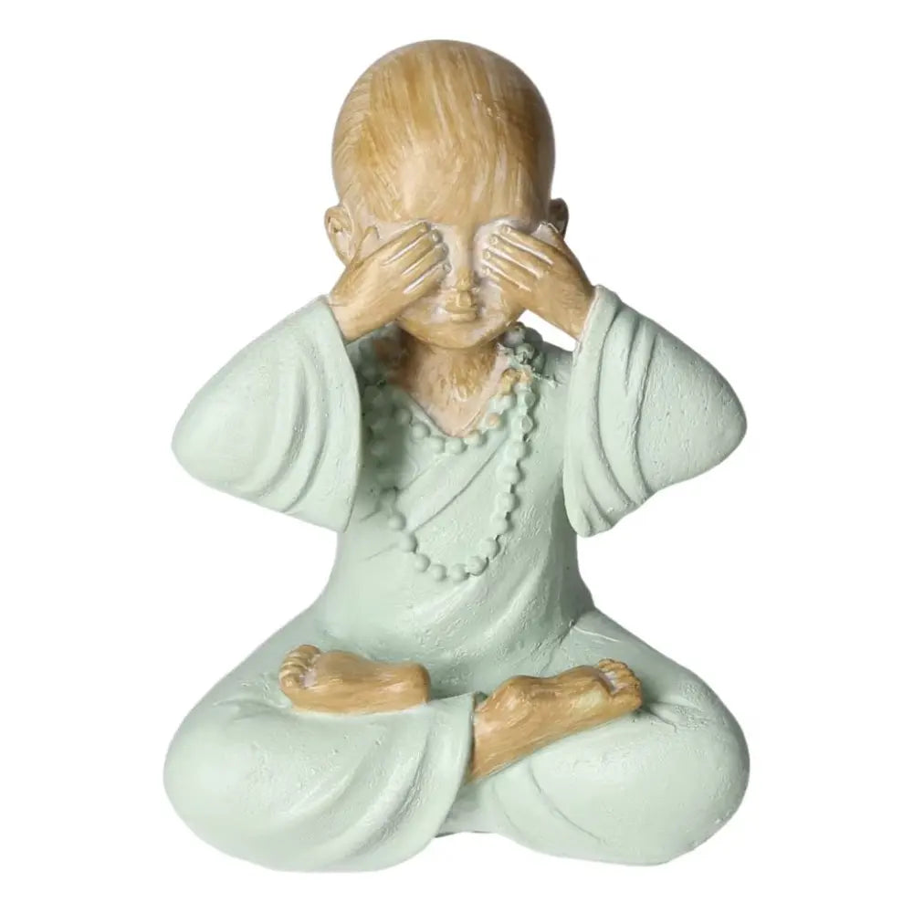 Monk Made Of Poly 2 by Sylvia Crystals, tranquil figurine blending spirituality and luxury in serene craftsmanship, eyes covered, mint robe.