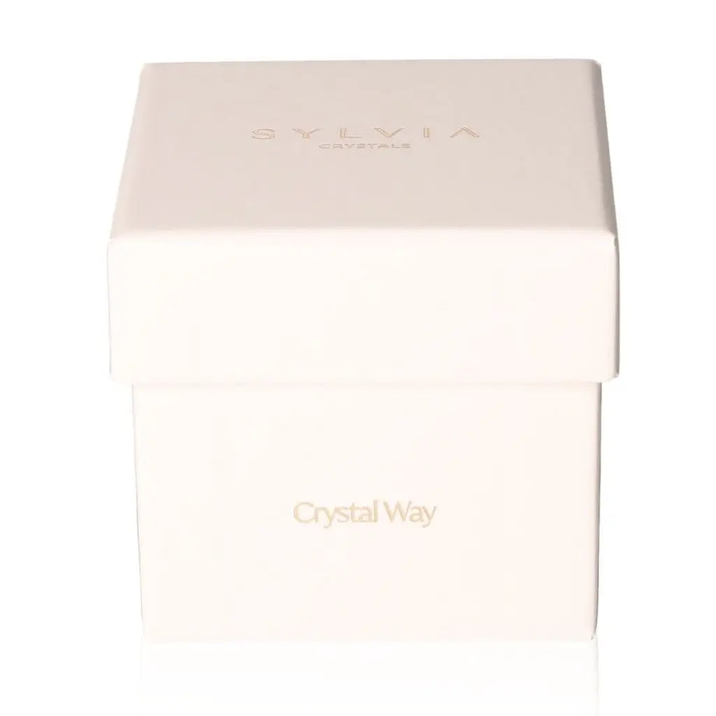 Elegant white gift box 75x75x75 mm with 'Crystal Way' lettering on front view.