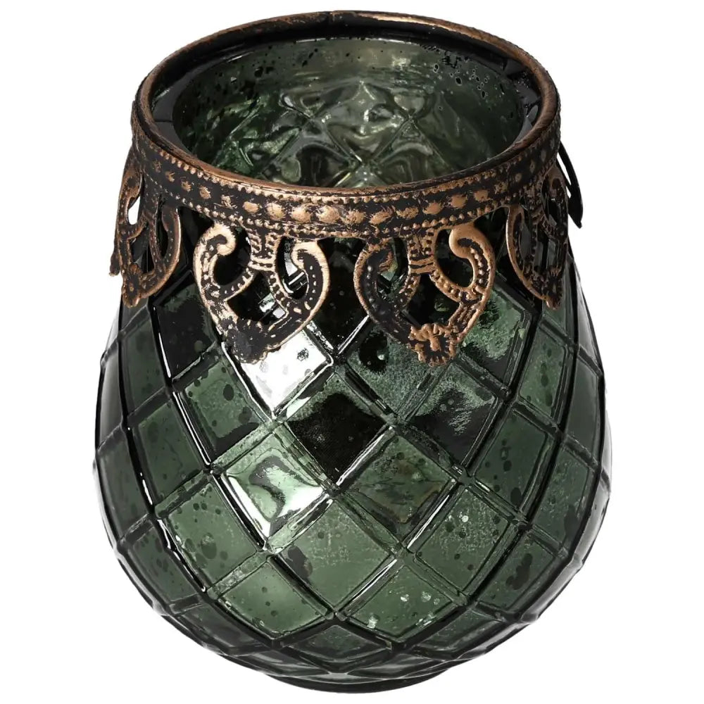 Elegant green lantern with ornate metal rim, featuring a mosaic glass design, perfect for adding a touch of sophistication to any decor.