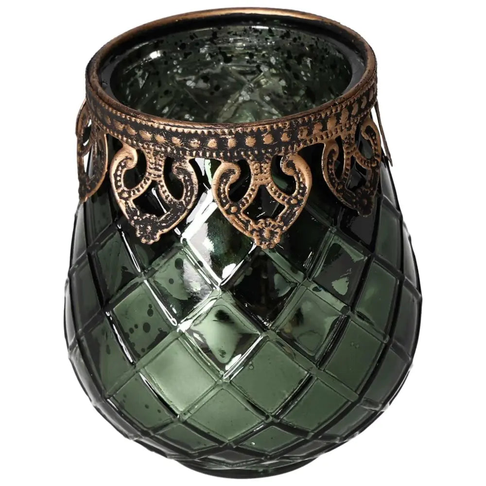 Exquisite green glass lantern with ornate metal rim, evoking elegance and tranquility, perfect for luxury decor.