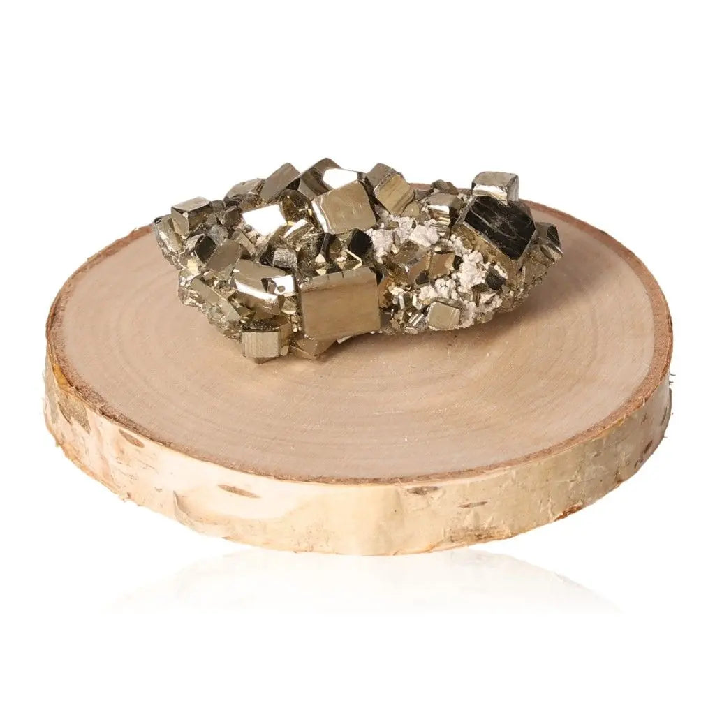 Premium Pyrite Druze with Calcite on wood slice, showcasing golden hue and metallic luster for prosperity and luxury.