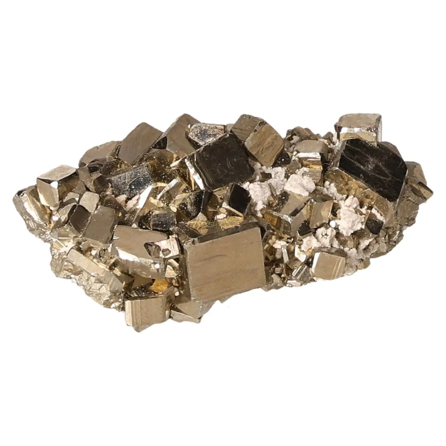 Premium Pyrite Druze with Calcite showcasing a radiant golden hue and metallic luster, symbolizing luxury and prosperity.