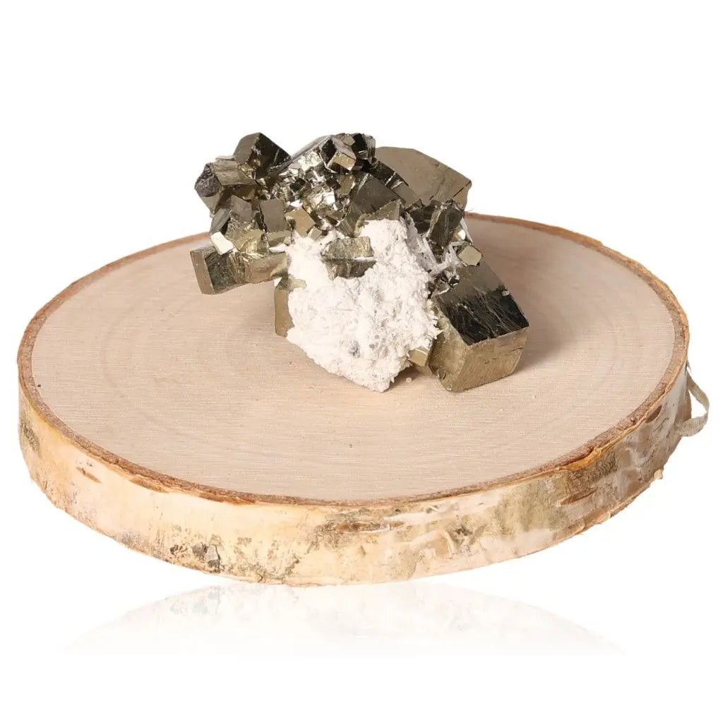 Pyrite Druze with Calcite on wooden base, premium Sylvia Crystals product featuring golden shimmer and delicate mineral elegance.