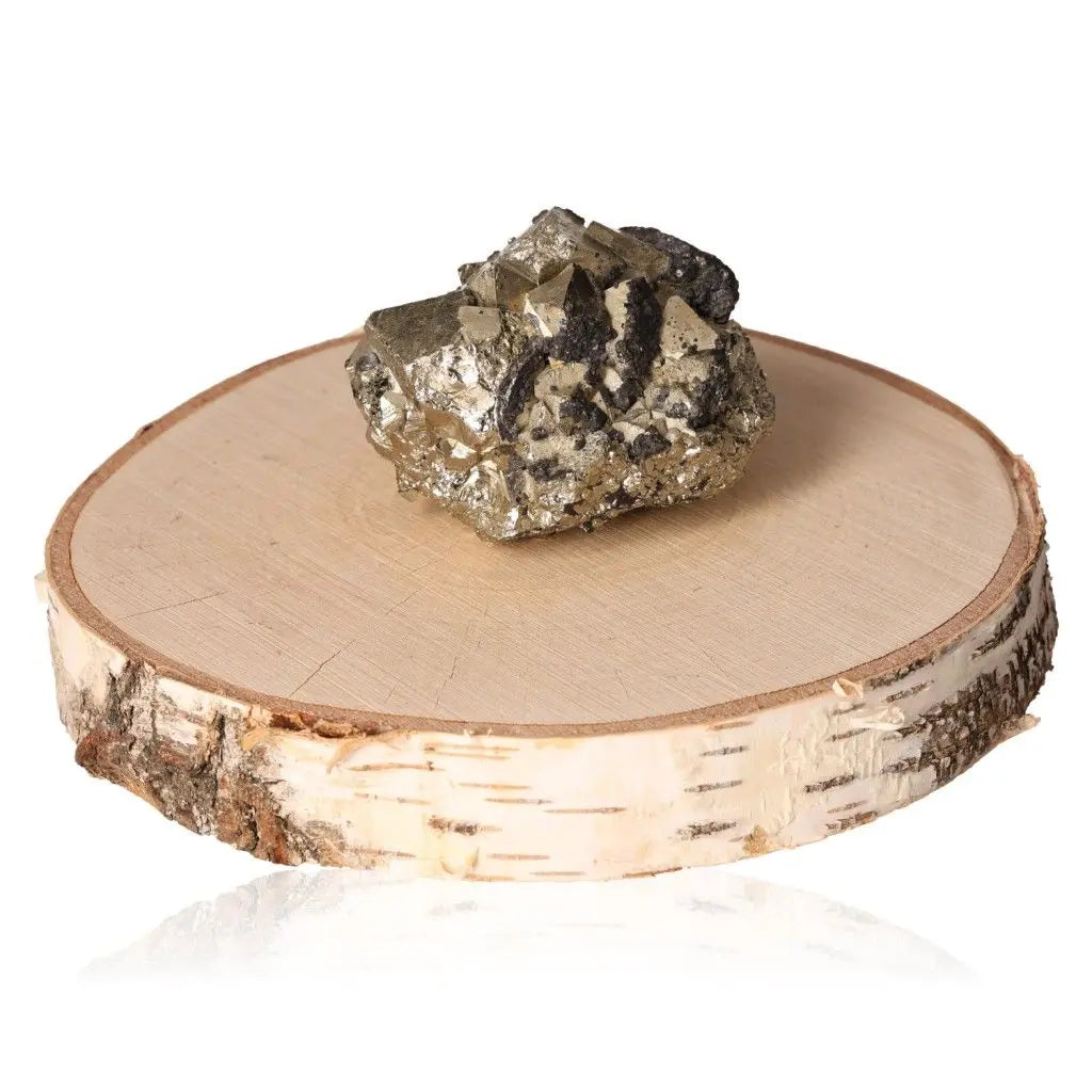 Pyrite Druze with Sphalerite on wooden base, luxury mineral from Sylvia Crystals, showcasing natural beauty and spiritual harmony.