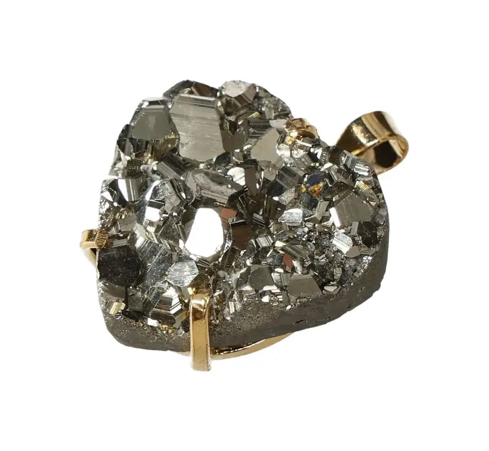 Gold heart-shaped pyrite claw pendant with a sparkling crystal finish.