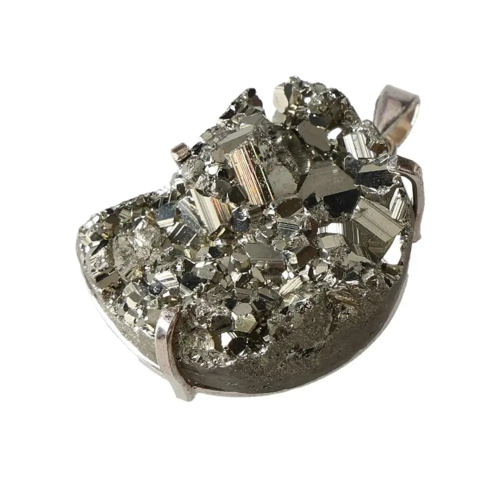 Silver pyrite moon pendant with claw design, medium size, showcasing intricate crystal formations.