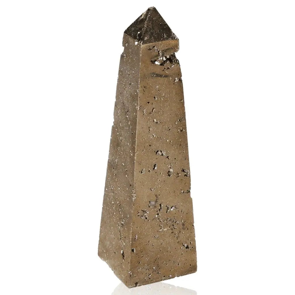 Pyrite obelisk with golden hue, symbolizing abundance and prosperity, known as "Fool's Gold" for its metallic luster and resemblance to gold.