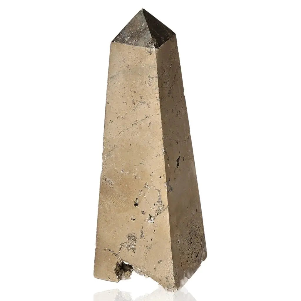 Golden pyrite obelisk with metallic luster, known as Fool's Gold, symbolizing abundance and prosperity, used for wealth attraction.