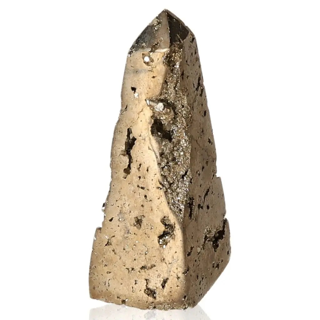 Pyrite obelisk with golden hue and metallic luster, symbolizing abundance and prosperity, also known as "Fool's Gold."