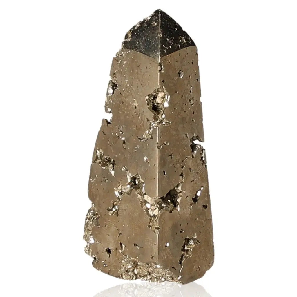 Pyrite obelisk showcasing radiant golden hue and metallic luster, symbolizing abundance and prosperity. Known as Fool's Gold.