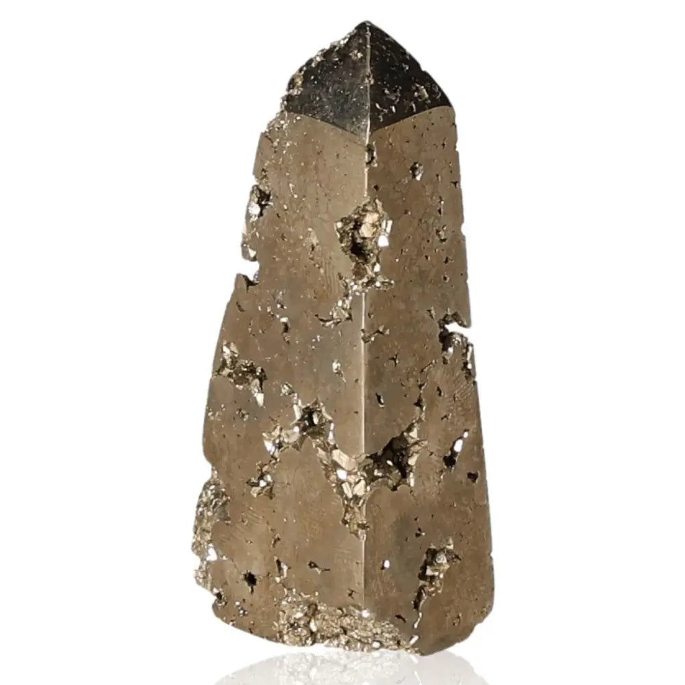 Alt Tag: Pyrite obelisk with radiant gold hue, known as Fool's Gold, symbolizing abundance and prosperity, reflective metallic luster