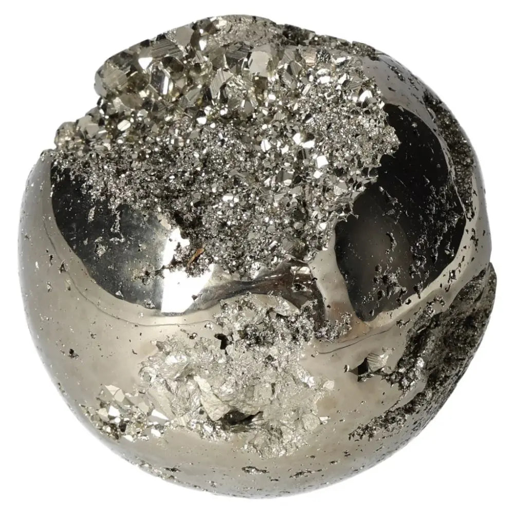 Polished 10 cm pyrite sphere showcasing its golden luster and grounding power, ideal for elevating space and energy.