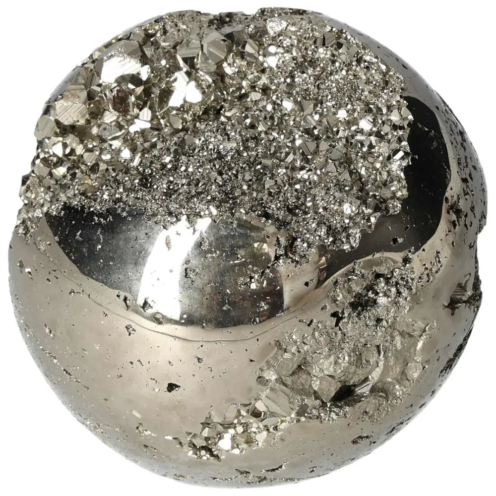 Polished 10 cm pyrite sphere showcasing golden luster and radiant energy, perfect for enhancing space with grounding elegance.