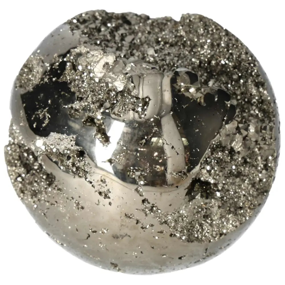 Polished 10 cm pyrite sphere showcasing golden luster and grounding energy, perfect for elevating your space with radiant beauty.
