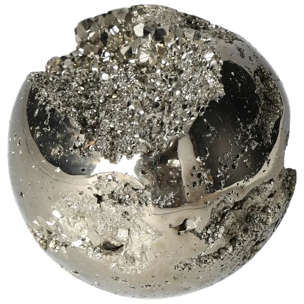 Polished 10 cm Pyrite Sphere with golden luster, showcasing radiant energy and grounding power, part of hand-selected pyrite shapes.