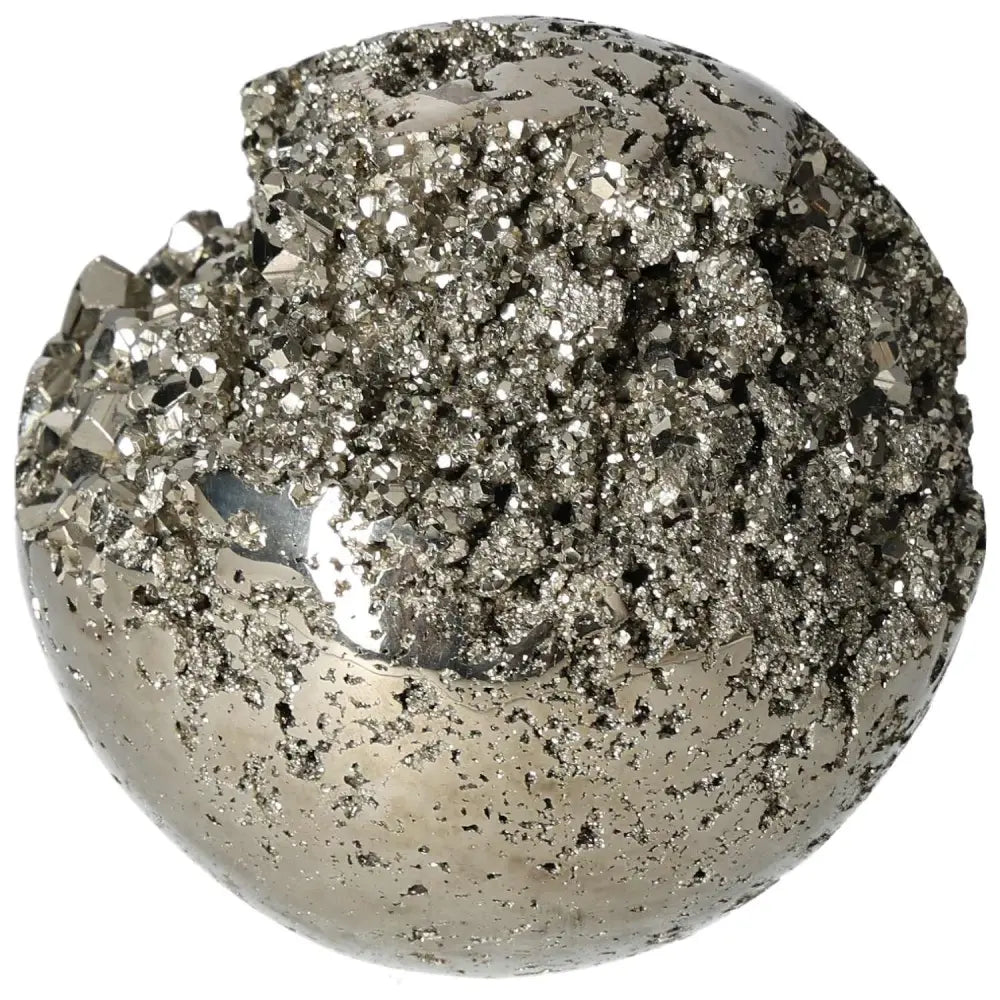 Polished 10 cm pyrite sphere showcasing radiant energy and golden luster for grounding and decor.