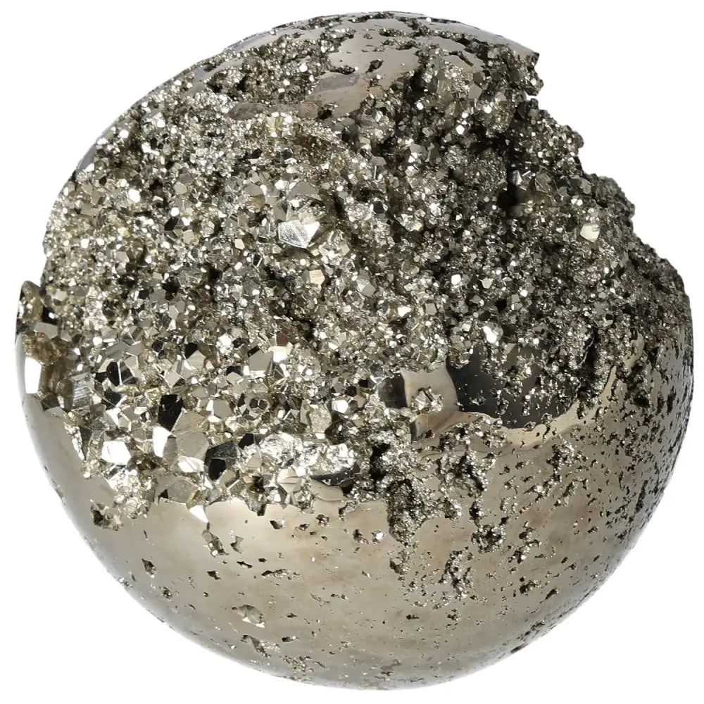 Polished Pyrite Sphere 10 cm showcasing its golden luster and intricate crystal formations, ideal for energy elevation and decor.